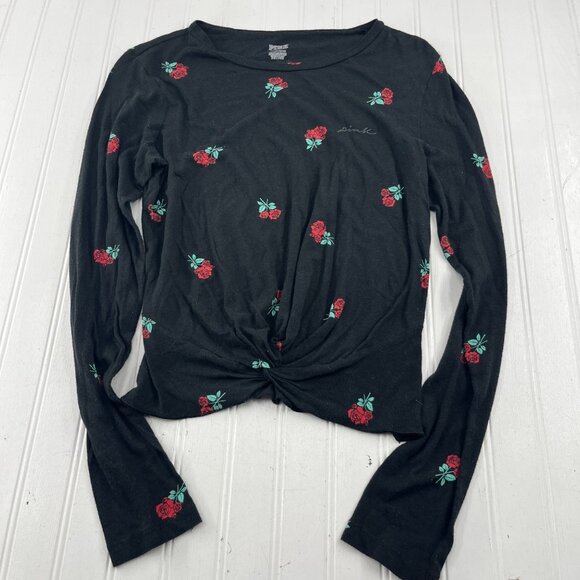 Victorias Secret Pink Rose Print Knot Front Long Sleeve Top S Cotton/Modal Black - Picture 1 of 5